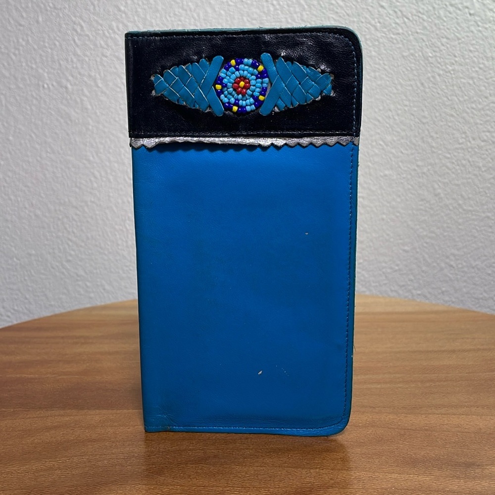 Vintage Nocona Genuine Leather Checkbook Cover Wallet Beaded Turquoise Braid